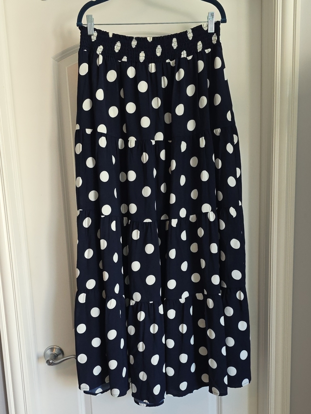NWT Oddi 1X Women's Navy Blue Polka Dot Tiered Maxi Skirt